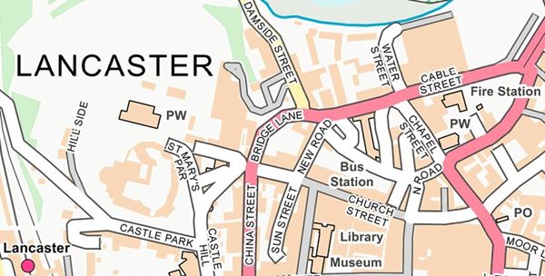 Modern map showing the location of Bridge Lane in Lancaster.